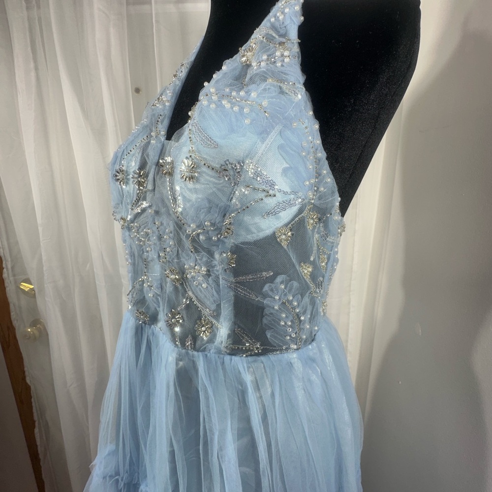 Elegant Baby Blue Fairytale Beaded Halter Prom Dress - Picture 4 of 15
